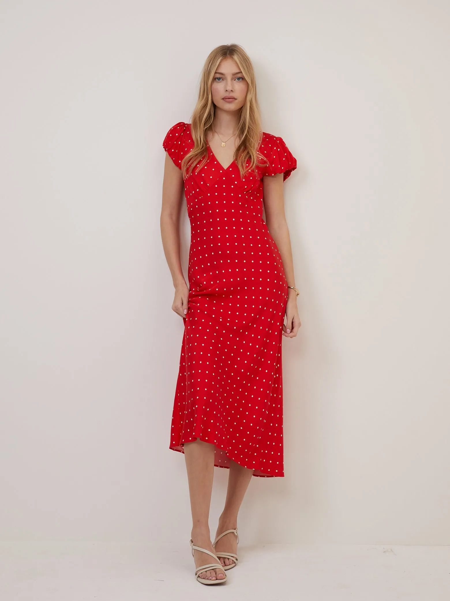 Red Polka Dot V Neck Lina Midi Dress sold by Nobody's Child