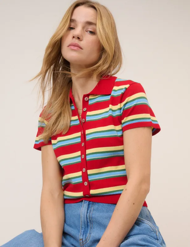 Red Striped Knitted Polo Top sold by Nobody's Child