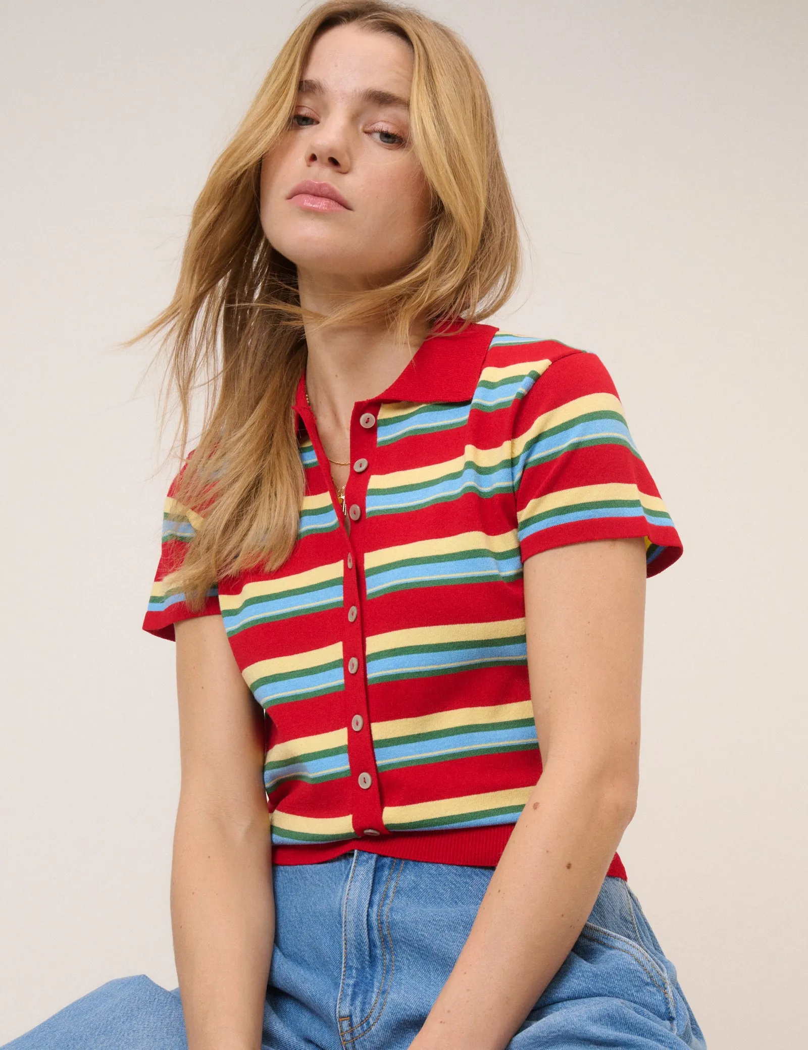 Red Striped Knitted Polo Top sold by Nobody's Child