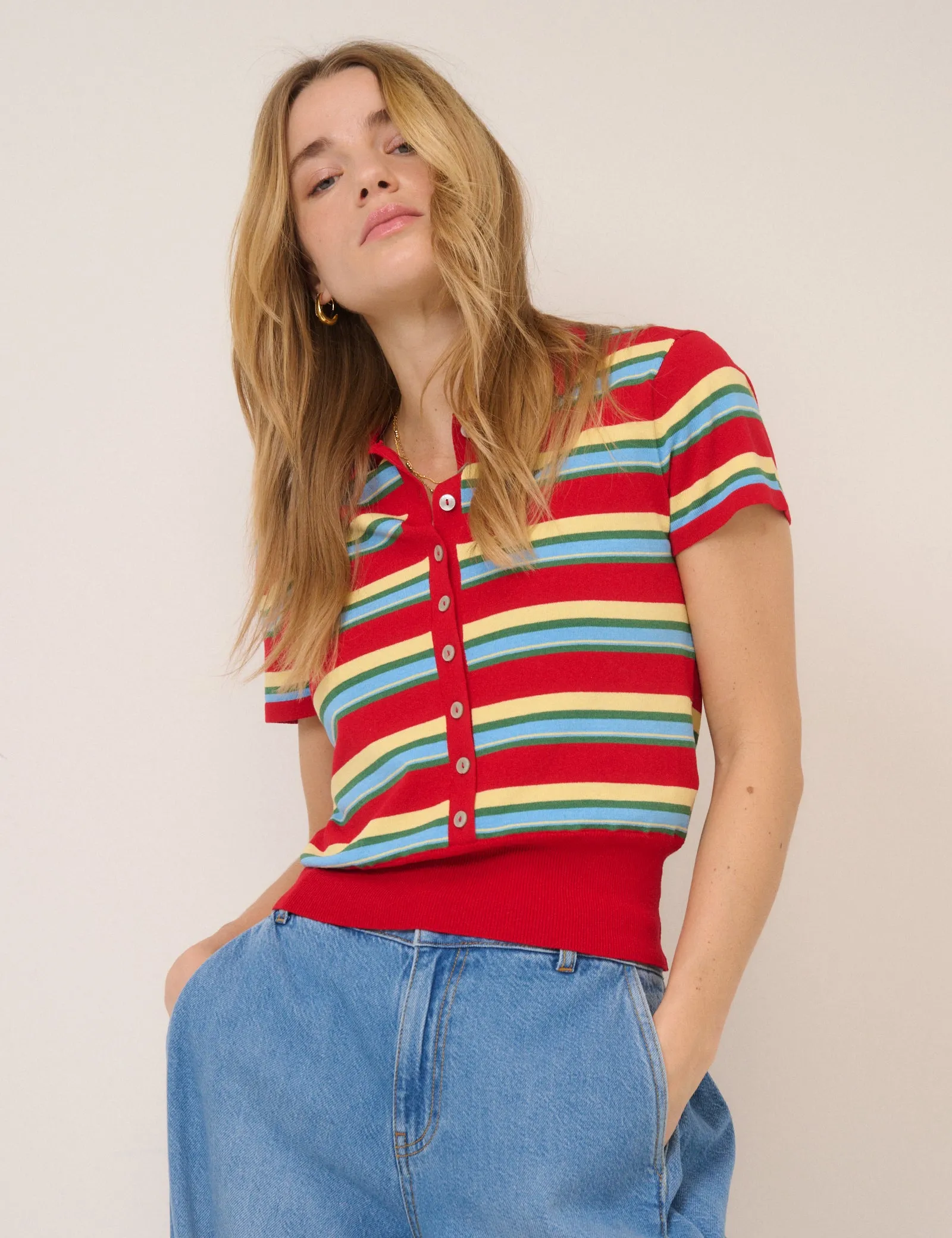 Red Striped Knitted Polo Top sold by Nobody's Child product image thumbnail 4
