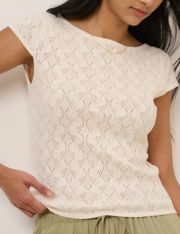 White Pointelle Knitted Tee sold by Nobody's Child
