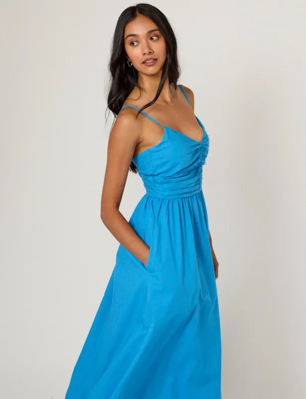 Blue Ruched Paige Midi Dress sold by Nobody's Child