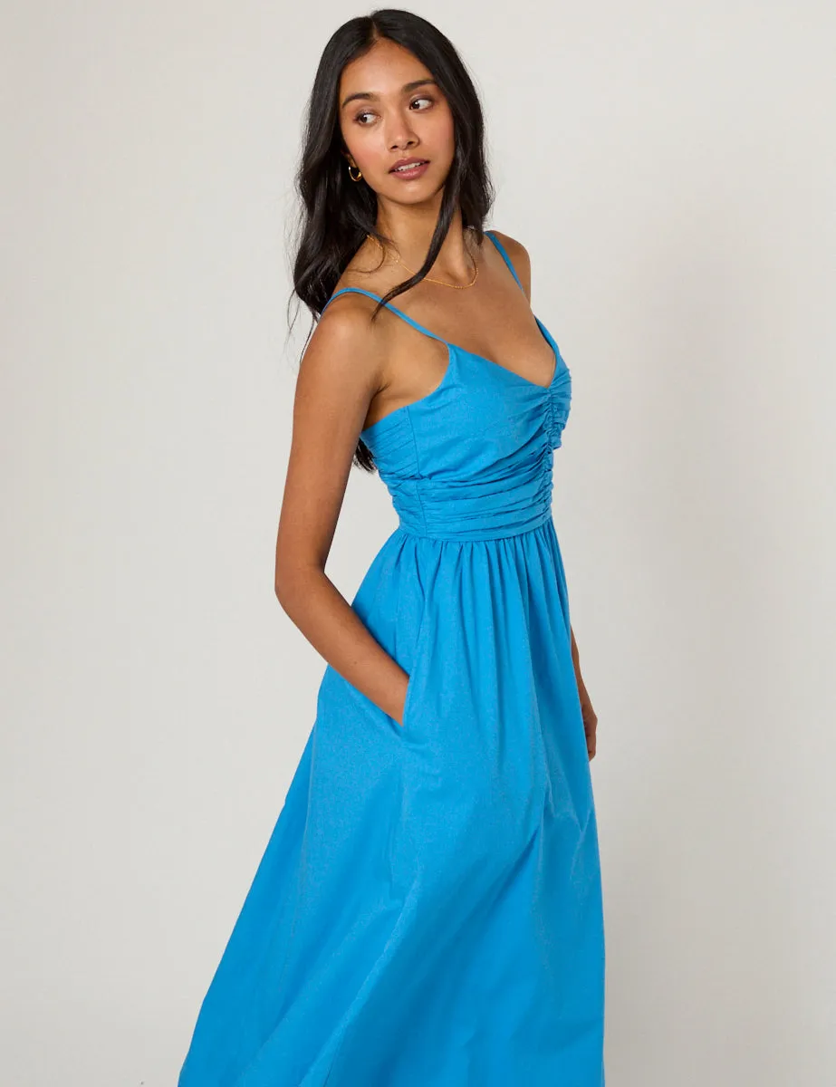 Blue Ruched Paige Midi Dress sold by Nobody's Child