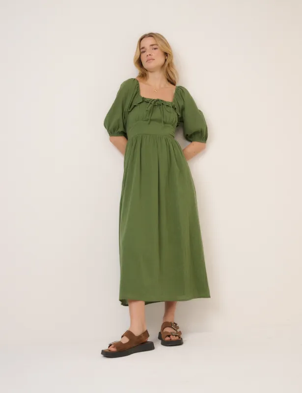Green Puff Sleeve Annie Midi Dress sold by Nobody's Child