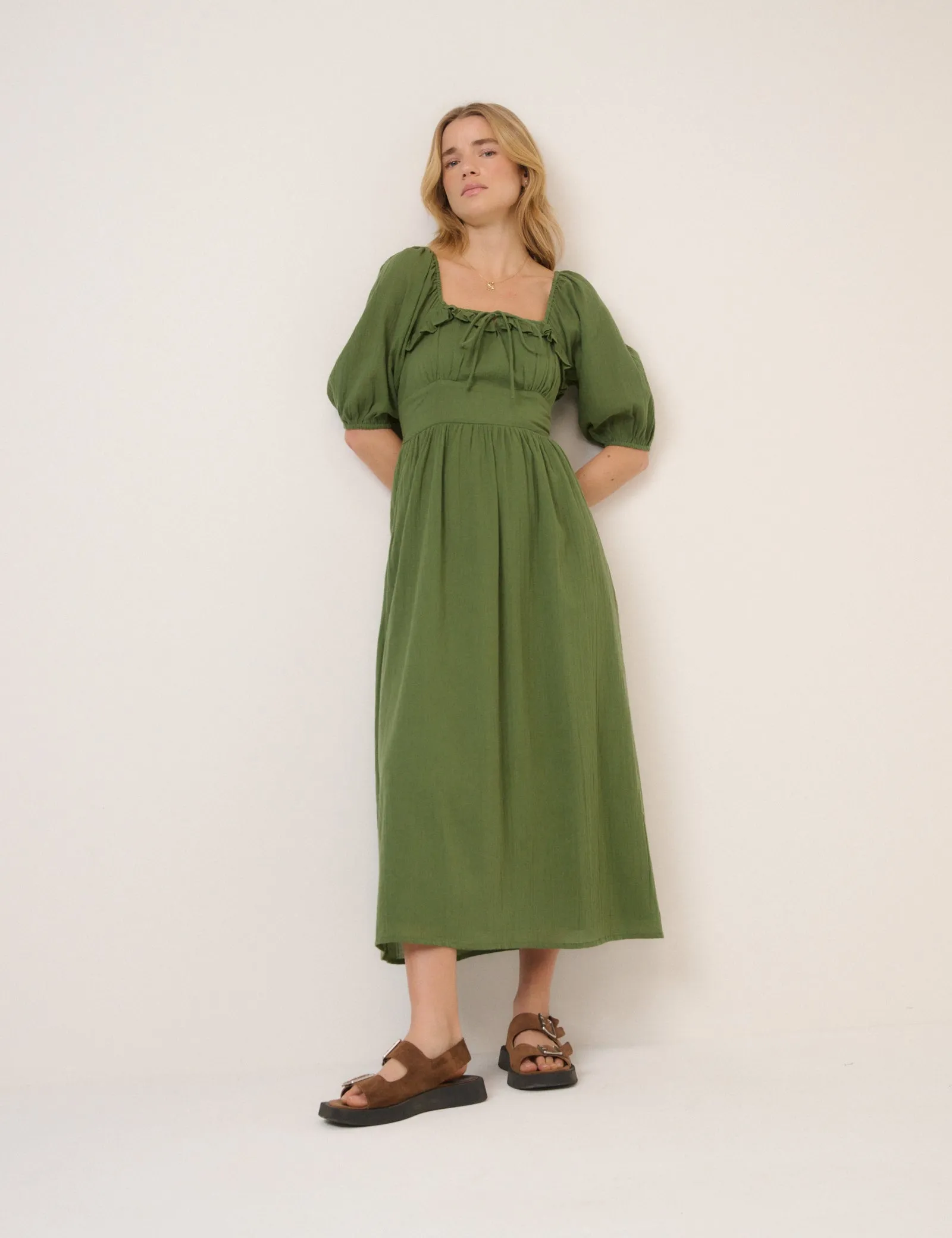 Green Puff Sleeve Annie Midi Dress sold by Nobody's Child