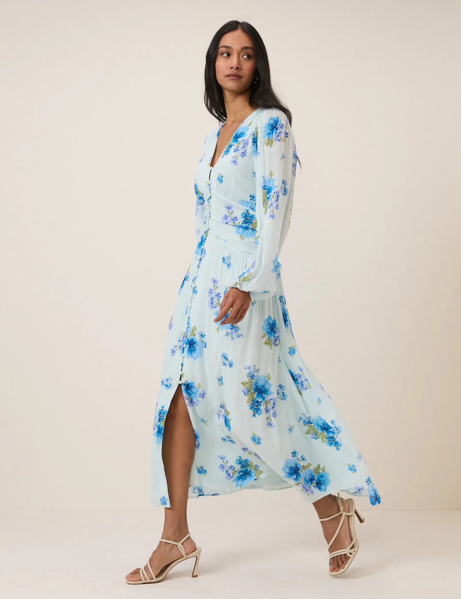 Blue Floral Long Sleeve Luna Midi Dress sold by Nobody's Child