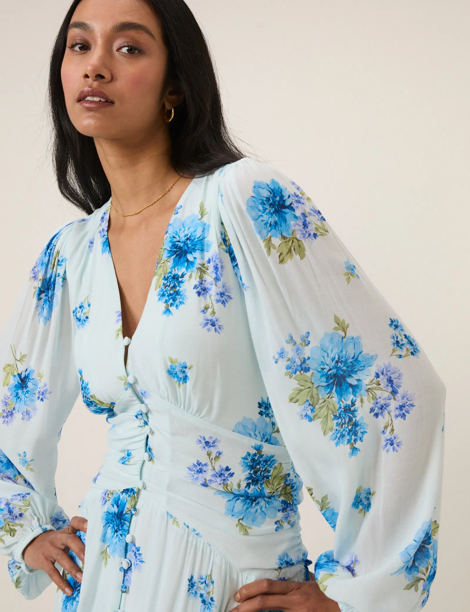 Blue Floral Long Sleeve Luna Midi Dress sold by Nobody's Child product image thumbnail 2