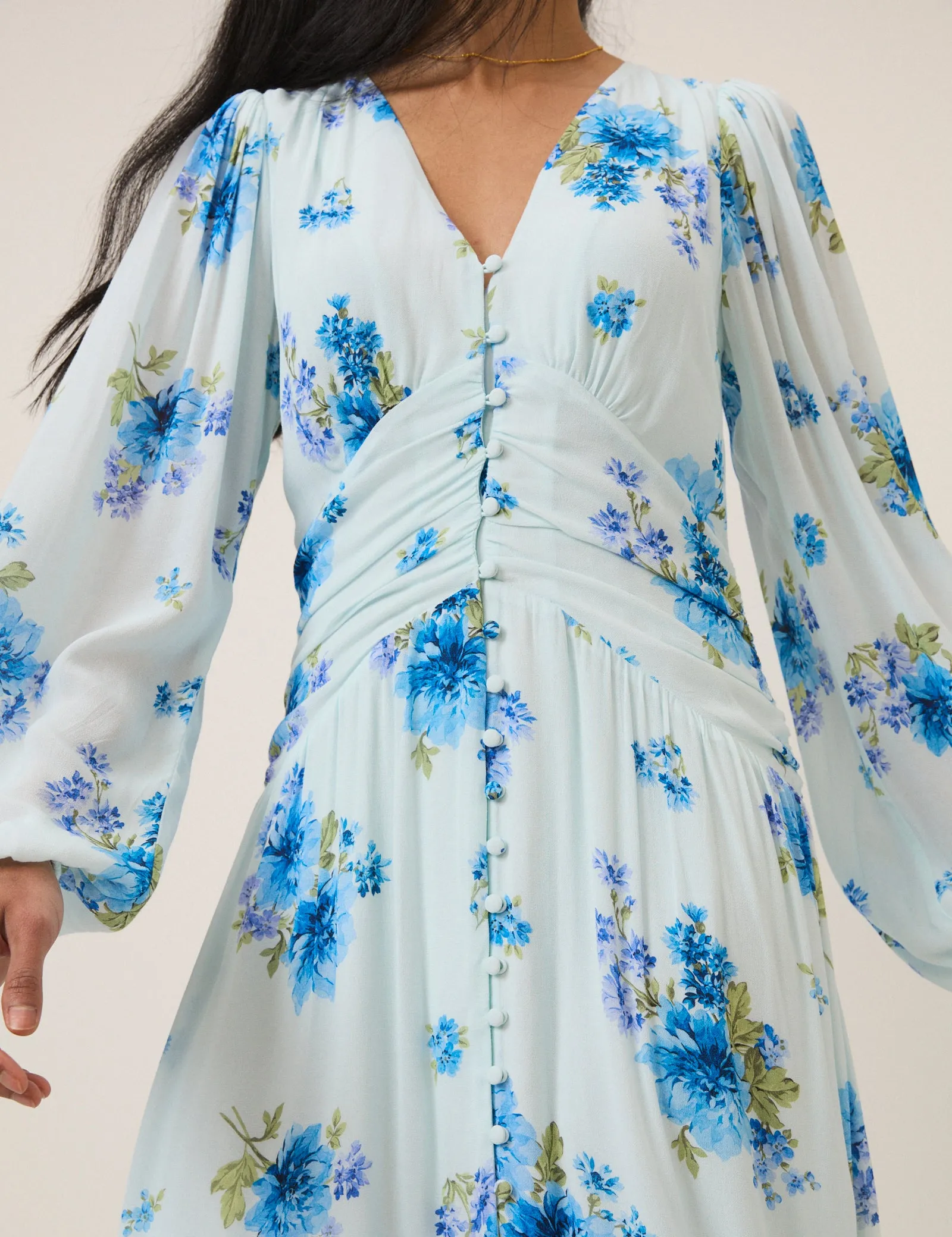 Blue Floral Long Sleeve Luna Midi Dress sold by Nobody's Child product image thumbnail 4