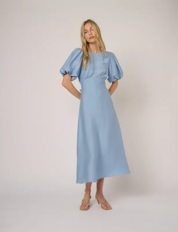 Blue Puff Sleeve Symran Midi Dress sold by Nobody's Child