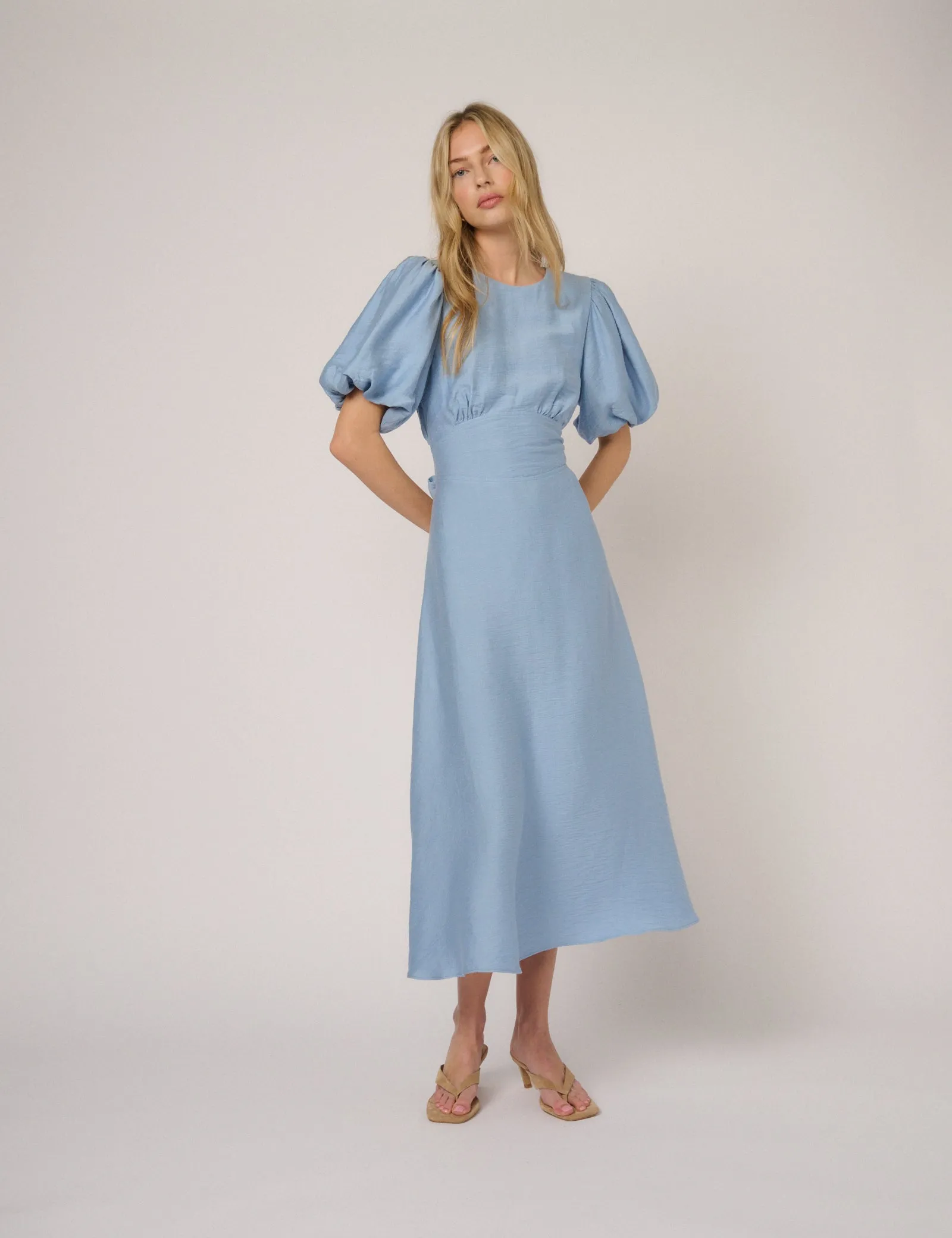 Blue Puff Sleeve Symran Midi Dress sold by Nobody's Child
