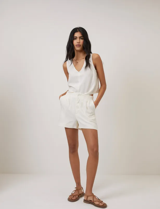 White Linen-Blend V-Neck Cropped Top sold by Nobody's Child