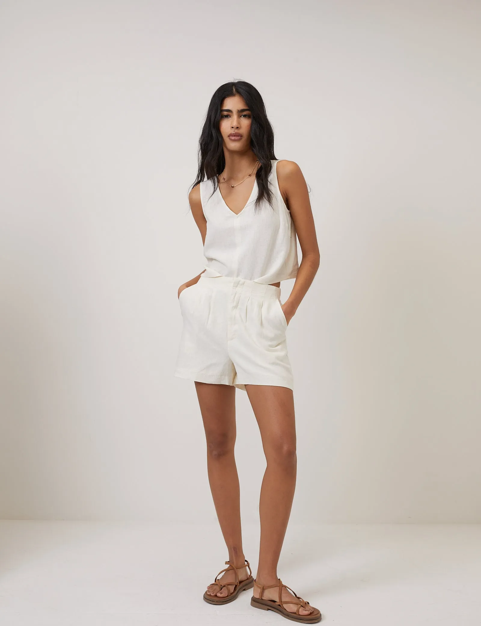 White Linen-Blend V-Neck Cropped Top sold by Nobody's Child