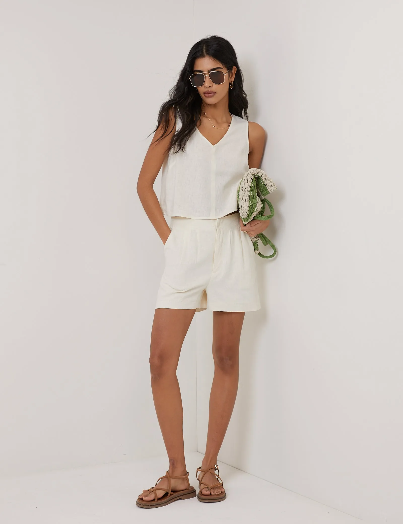 White Linen-Blend V-Neck Cropped Top sold by Nobody's Child product image thumbnail 3