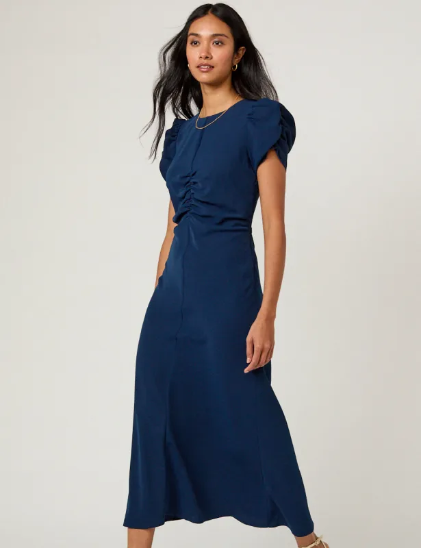 Navy Ruched Naomi Midi Dress sold by Nobody's Child