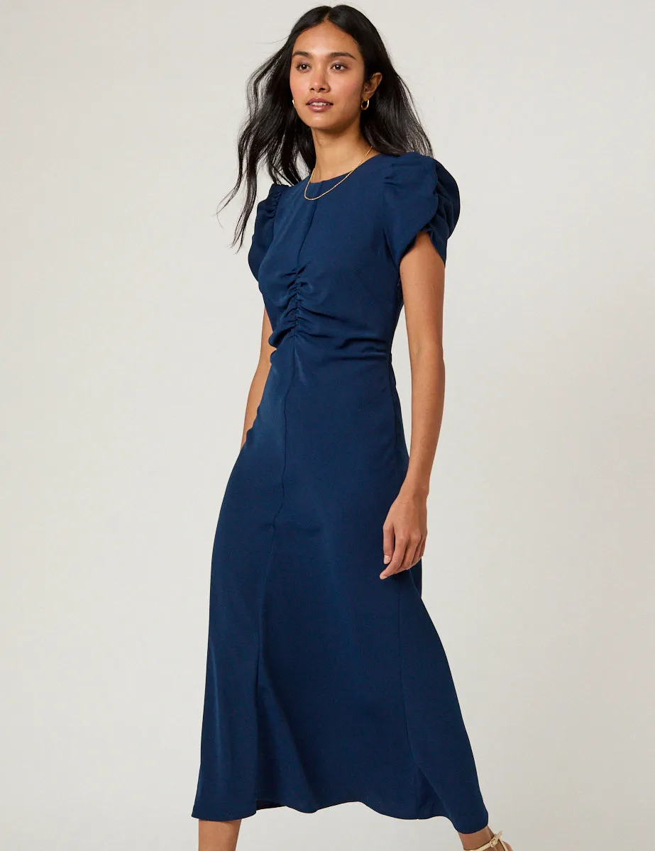 Navy Ruched Naomi Midi Dress sold by Nobody's Child