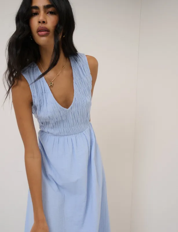 Blue Ruched Sleeveless Audrey Midi Dress made by Nobody's Child