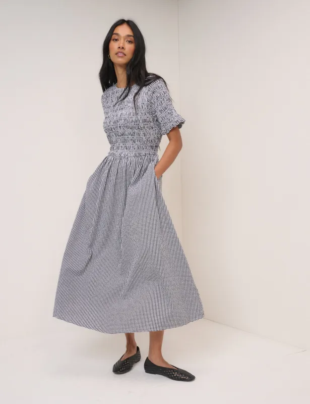 Navy Gingham Shirred Leah Midi Dress sold by Nobody's Child