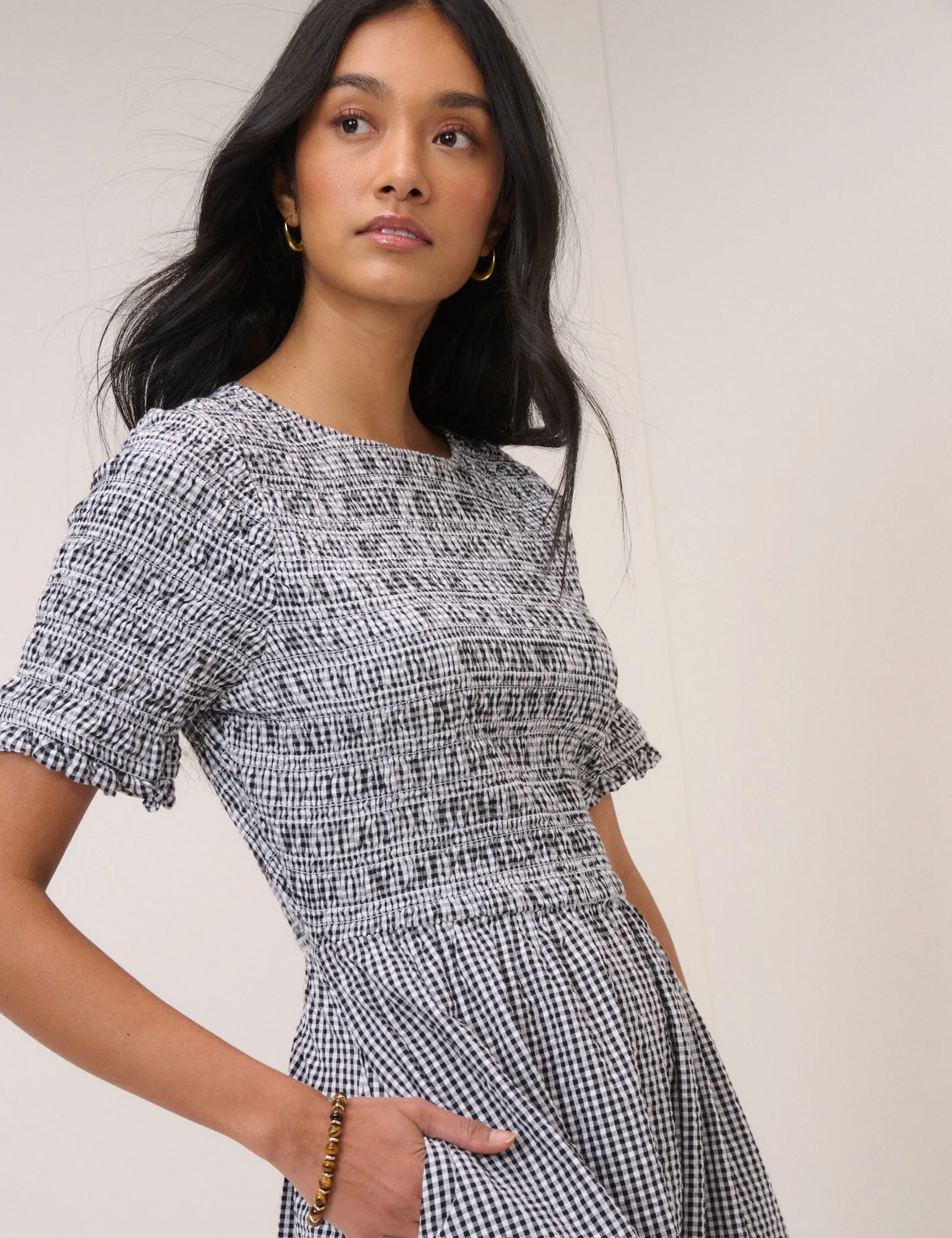 Navy Gingham Shirred Leah Midi Dress sold by Nobody's Child product image thumbnail 3