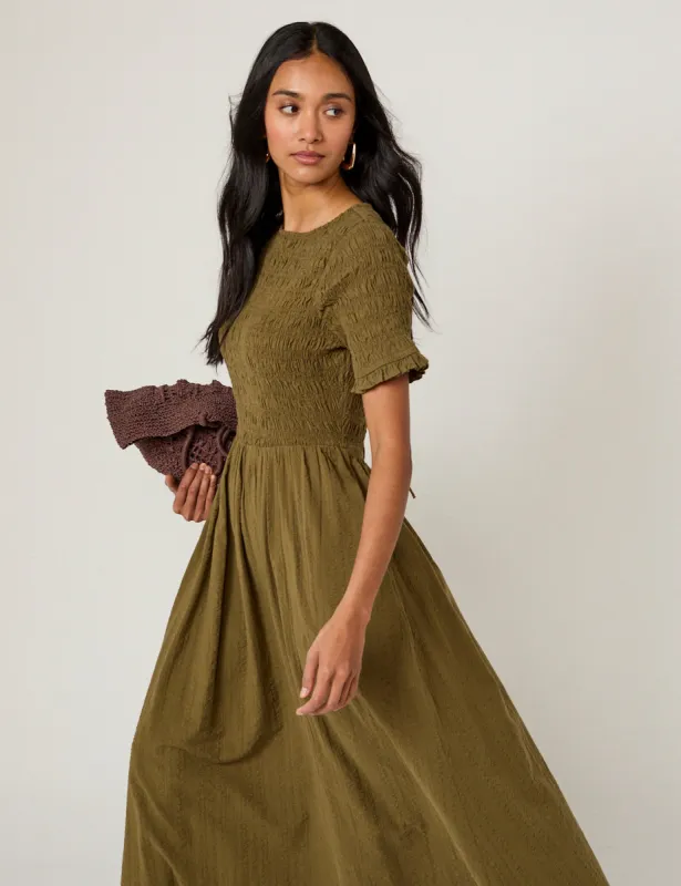 Khaki Shirred Leah Midi Dress made by Nobody's Child