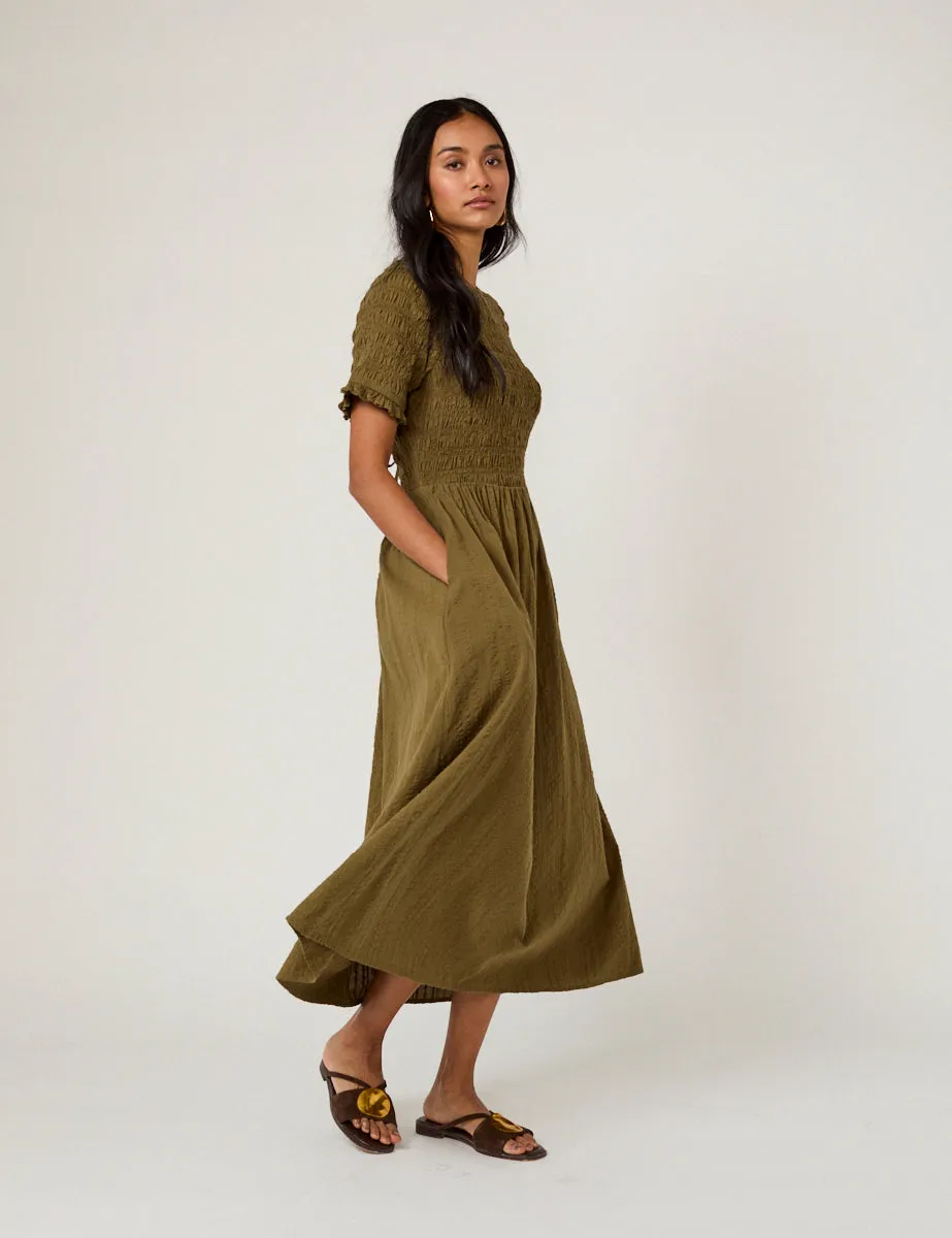 Khaki Shirred Leah Midi Dress sold by Nobody's Child product image thumbnail 3