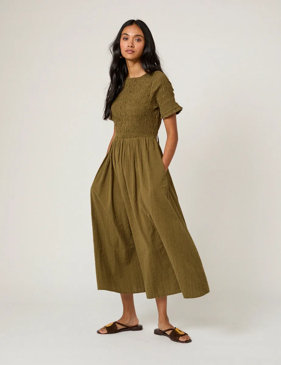 Khaki Shirred Leah Midi Dress sold by Nobody's Child product image thumbnail 4