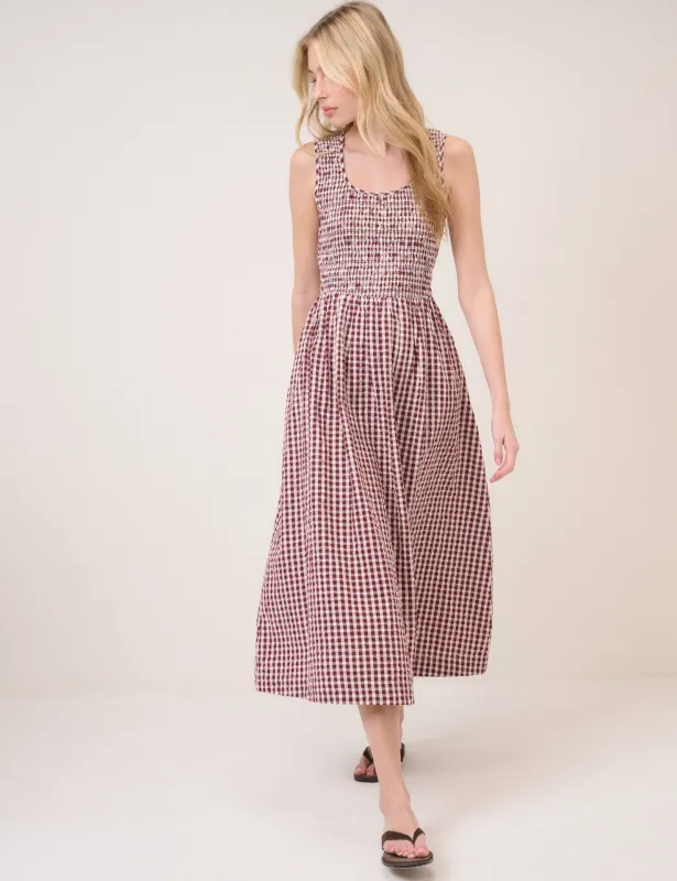 Burgundy Gingham Shirred Kinsley Midi Dress sold by Nobody's Child