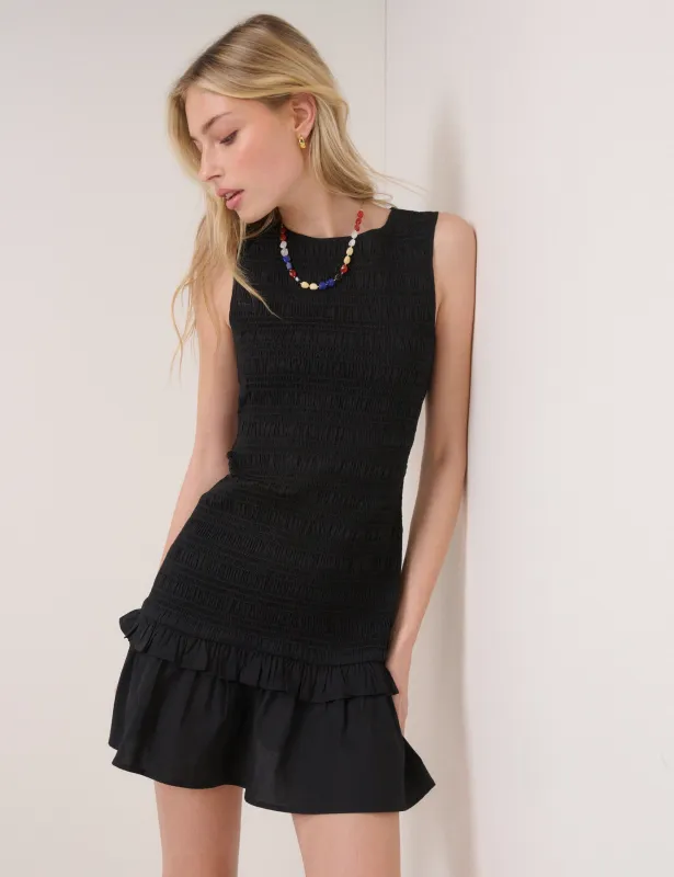 Black Shirred Henley Mini Dress made by Nobody's Child