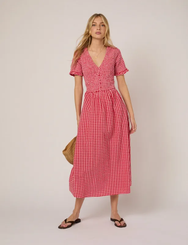 Red Gingham Eliza Midi Dress sold by Nobody's Child