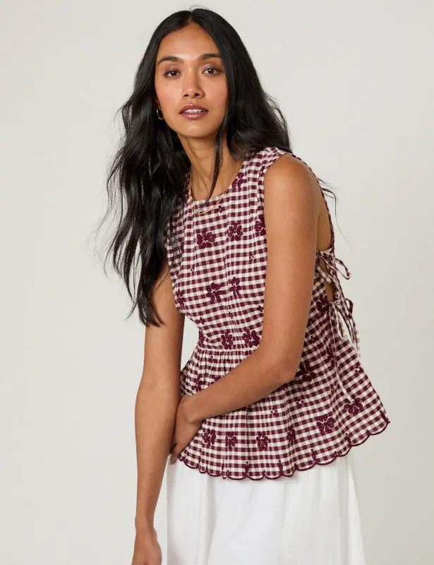 Burgundy Gingham Floral Swing Top sold by Nobody's Child