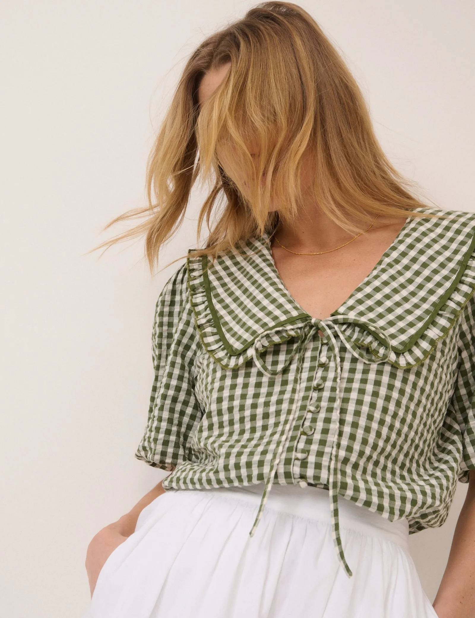 Green Gingham Ruffle Collar Blouse sold by Nobody's Child product image thumbnail 4