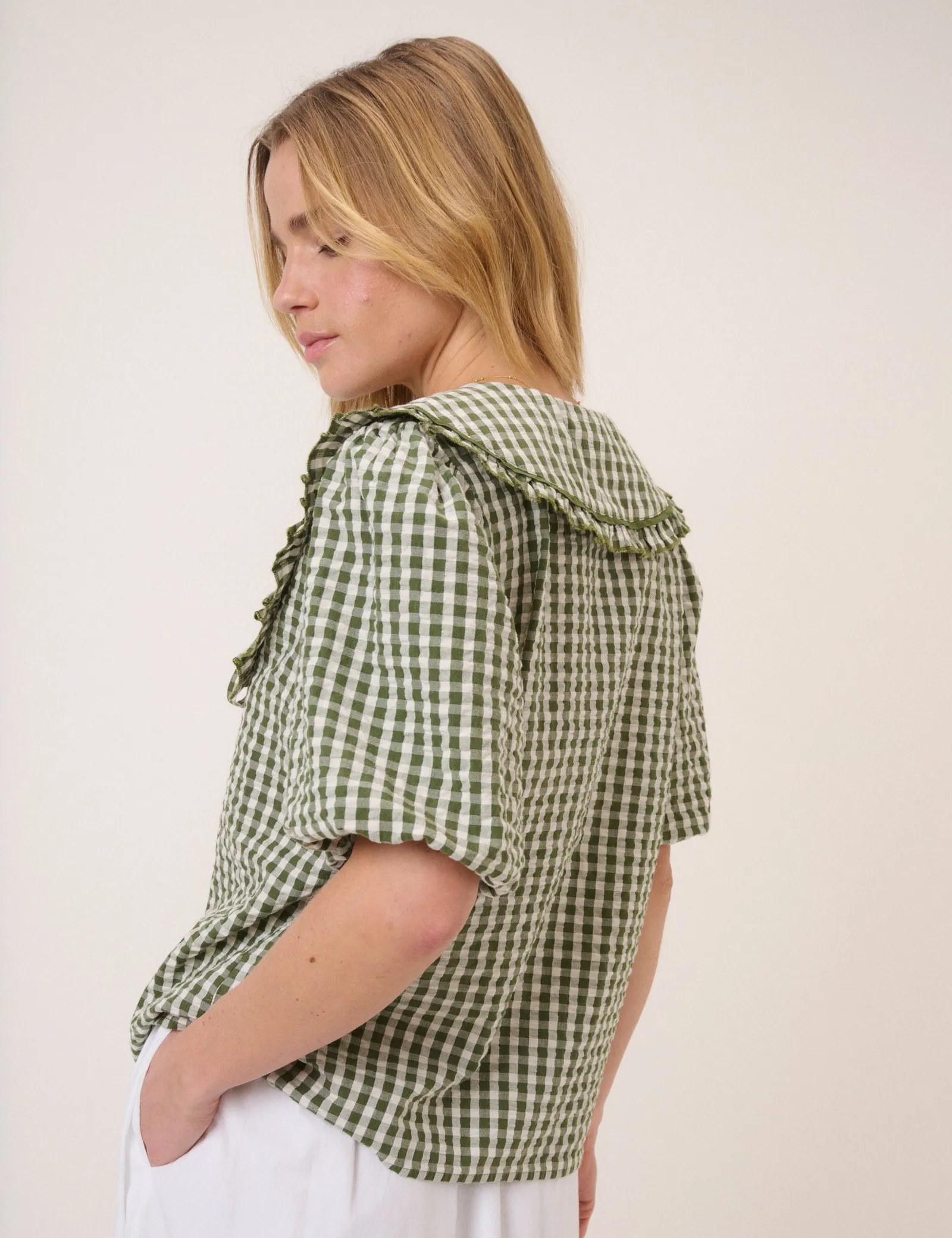 Green Gingham Ruffle Collar Blouse sold by Nobody's Child product image thumbnail 5