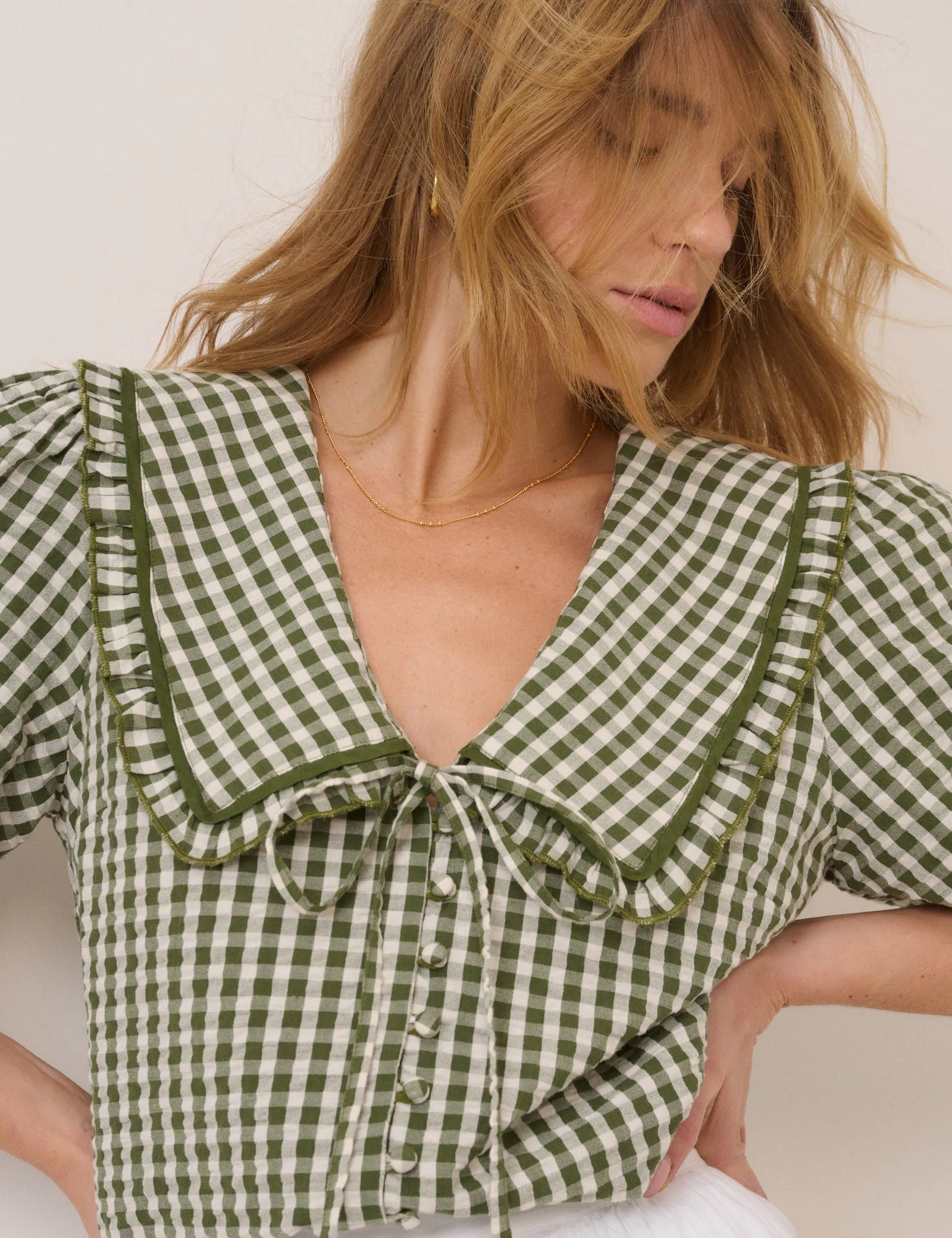 Green Gingham Ruffle Collar Blouse sold by Nobody's Child product image thumbnail 2
