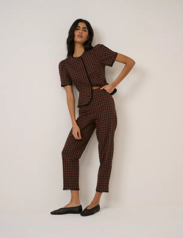 Brown Gingham Lace Trim Cigarette Trousers made by Nobody's Child