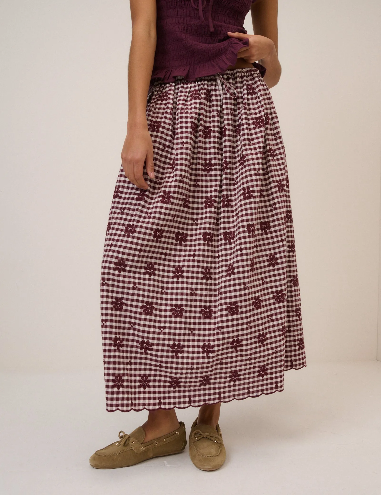 Burgundy Gingham Naples Midi Skirt sold by Nobody's Child product image thumbnail 2