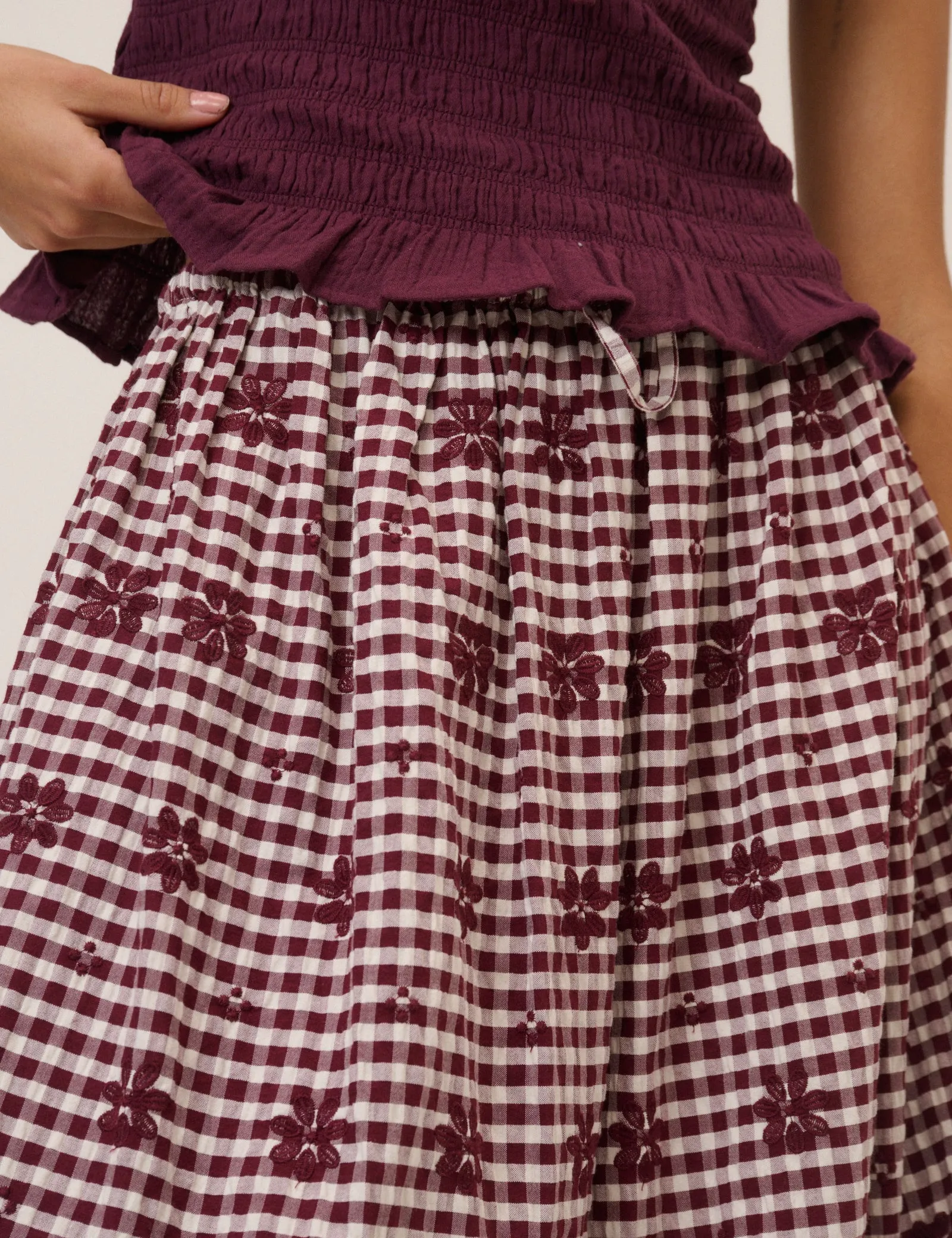 Burgundy Gingham Naples Midi Skirt sold by Nobody's Child product image thumbnail 4