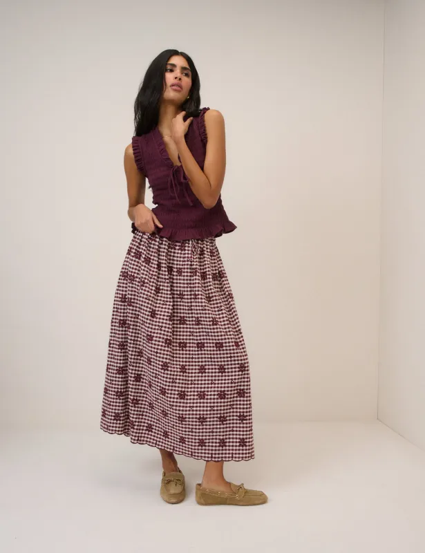 Burgundy Gingham Naples Midi Skirt sold by Nobody's Child
