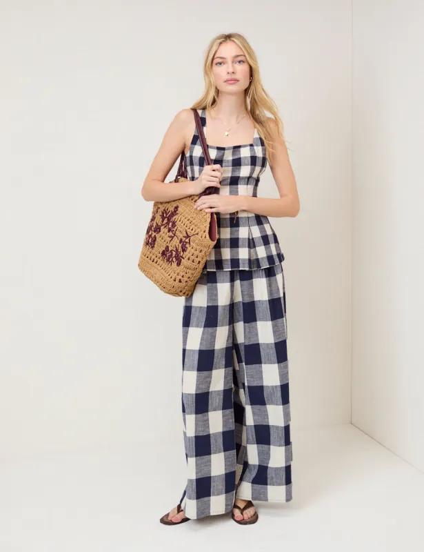 Navy Gingham Wide Leg Trousers sold by Nobody's Child