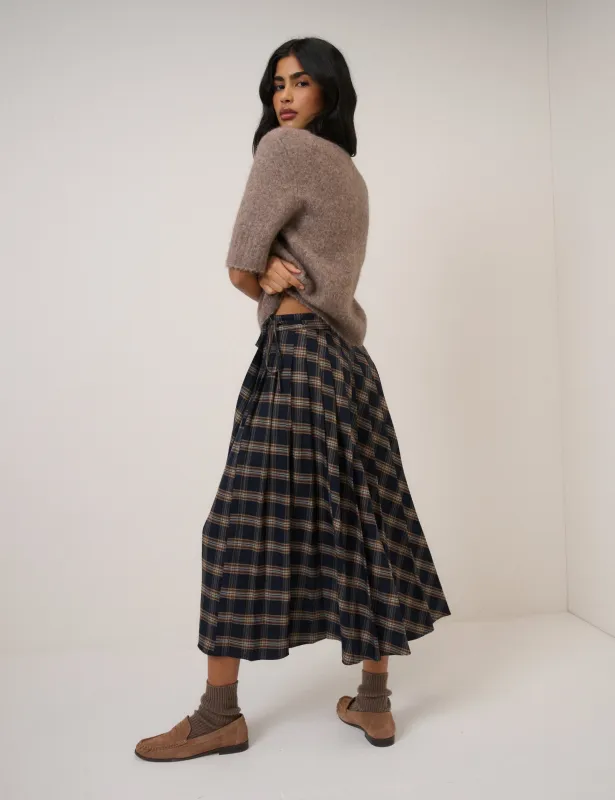 Navy Check Tailored Kilt Midi Skirt sold by Nobody's Child