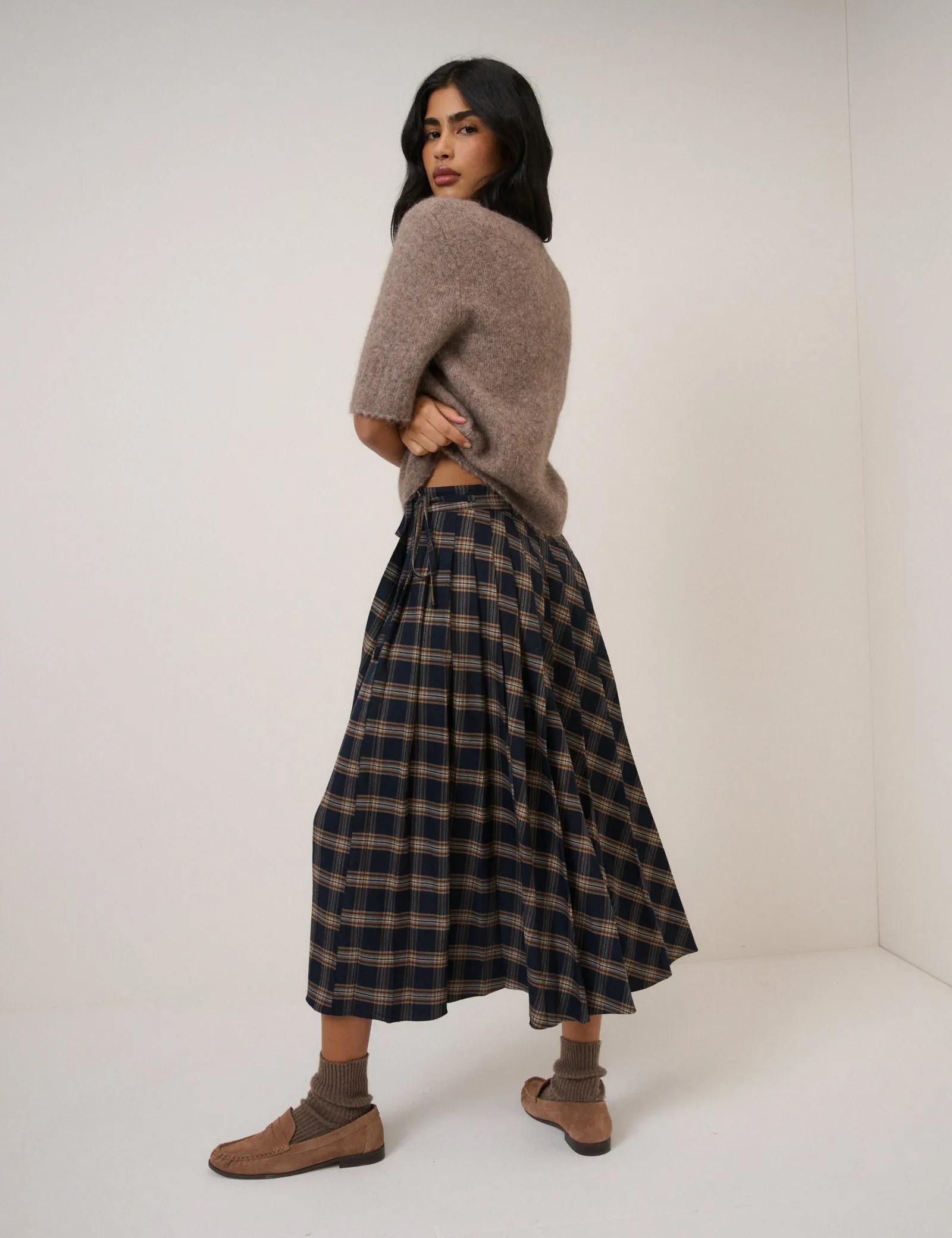 Navy Check Tailored Kilt Midi Skirt sold by Nobody's Child