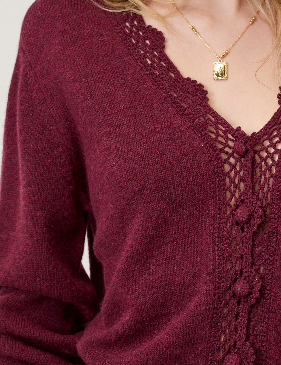 Burgundy Crochet Trim V Neck Cardigan sold by Nobody's Child product image thumbnail 4