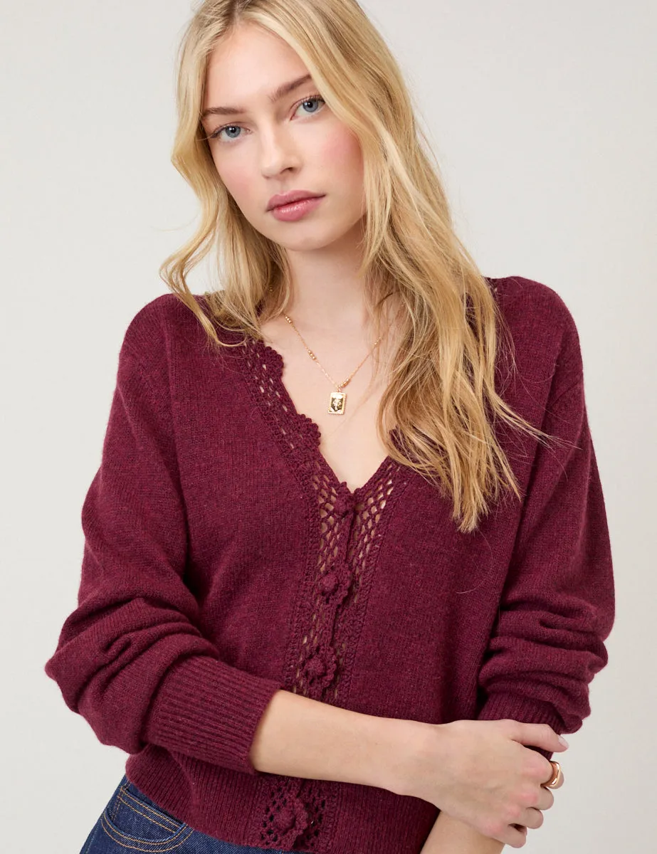Burgundy Crochet Trim V Neck Cardigan sold by Nobody's Child