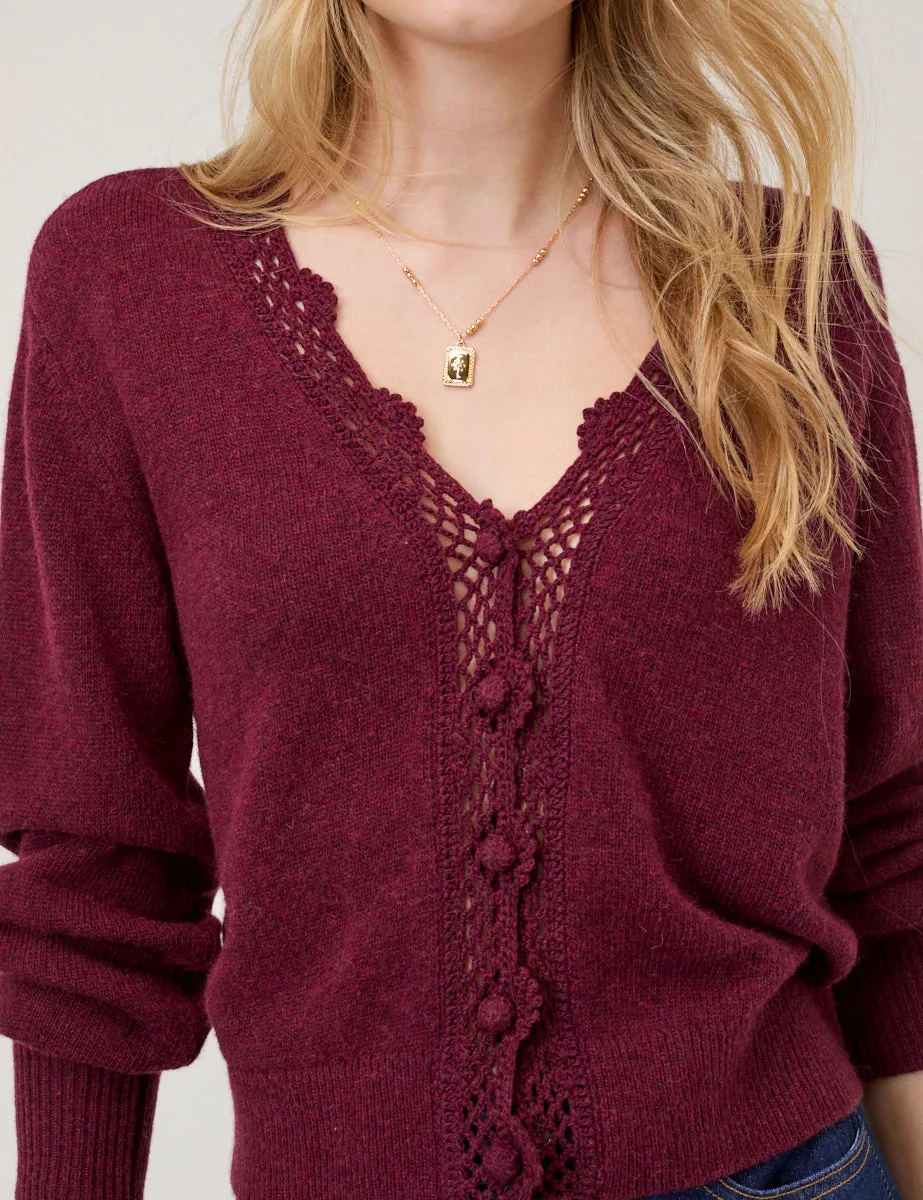 Burgundy Crochet Trim V Neck Cardigan sold by Nobody's Child product image thumbnail 2