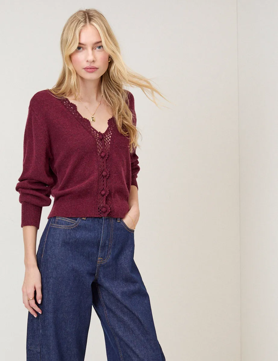 Burgundy Crochet Trim V Neck Cardigan sold by Nobody's Child product image thumbnail 3