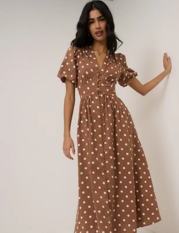 Brown Polka Dot Starlight Midi Dress sold by Nobody's Child