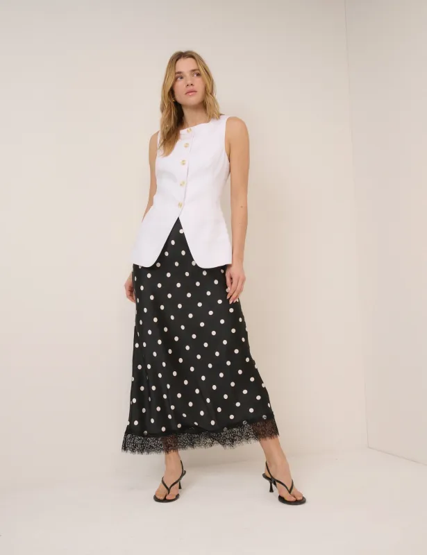 Black Polka Dot Lace Trim Mila Midi Skirt sold by Nobody's Child