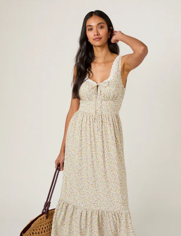 White Ditsy Floral Tiered Heather Midi Dress sold by Nobody's Child
