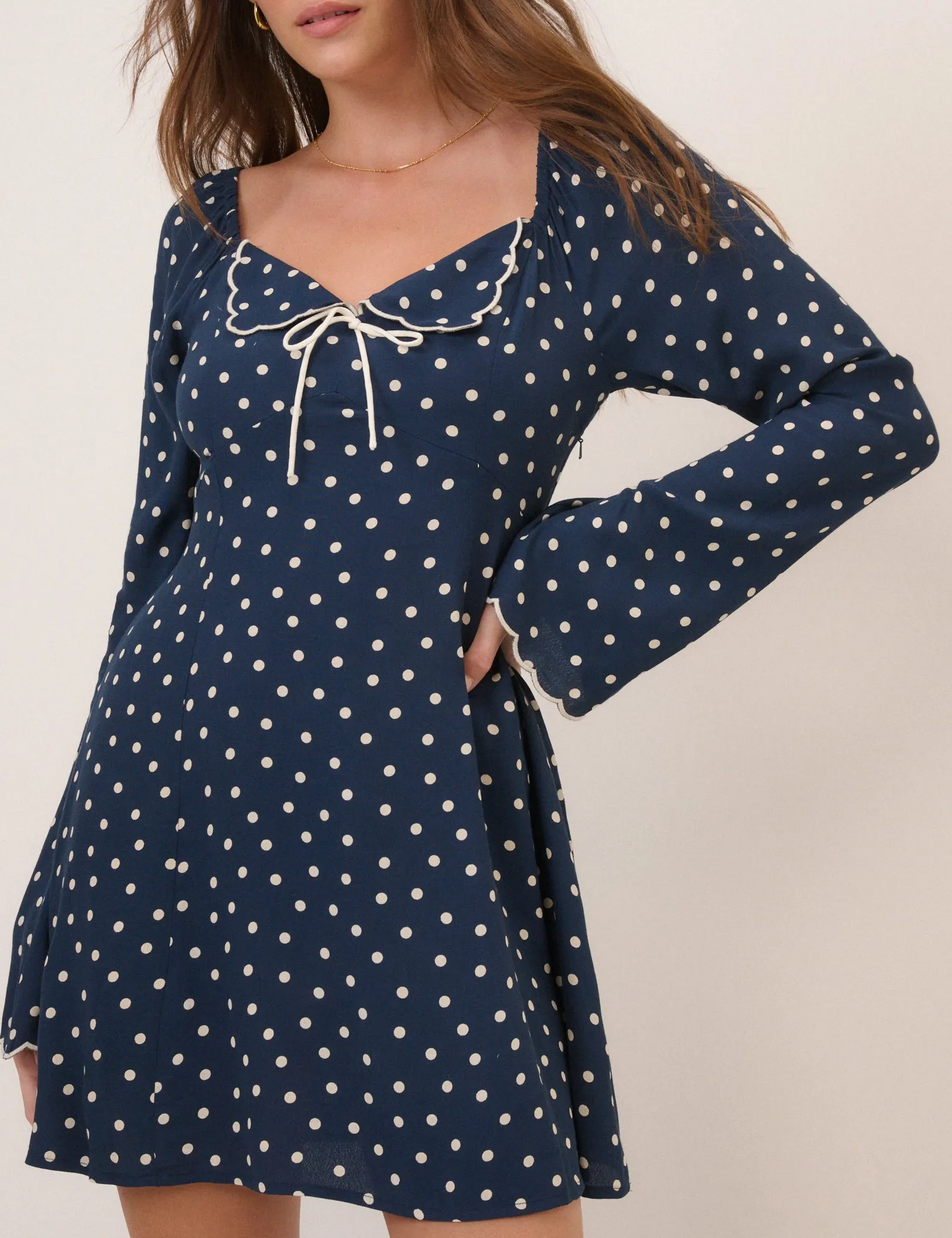Navy Polka Dot Lyon Mini Dress sold by Nobody's Child product image thumbnail 4