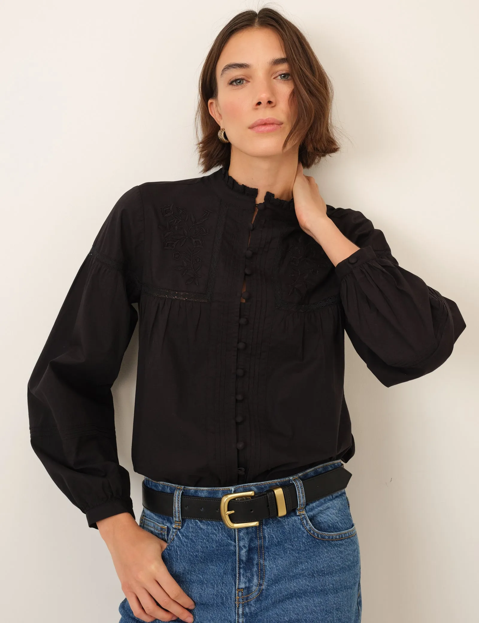Black Floral Embroidered High Neck Blouse sold by Nobody's Child product image thumbnail 2
