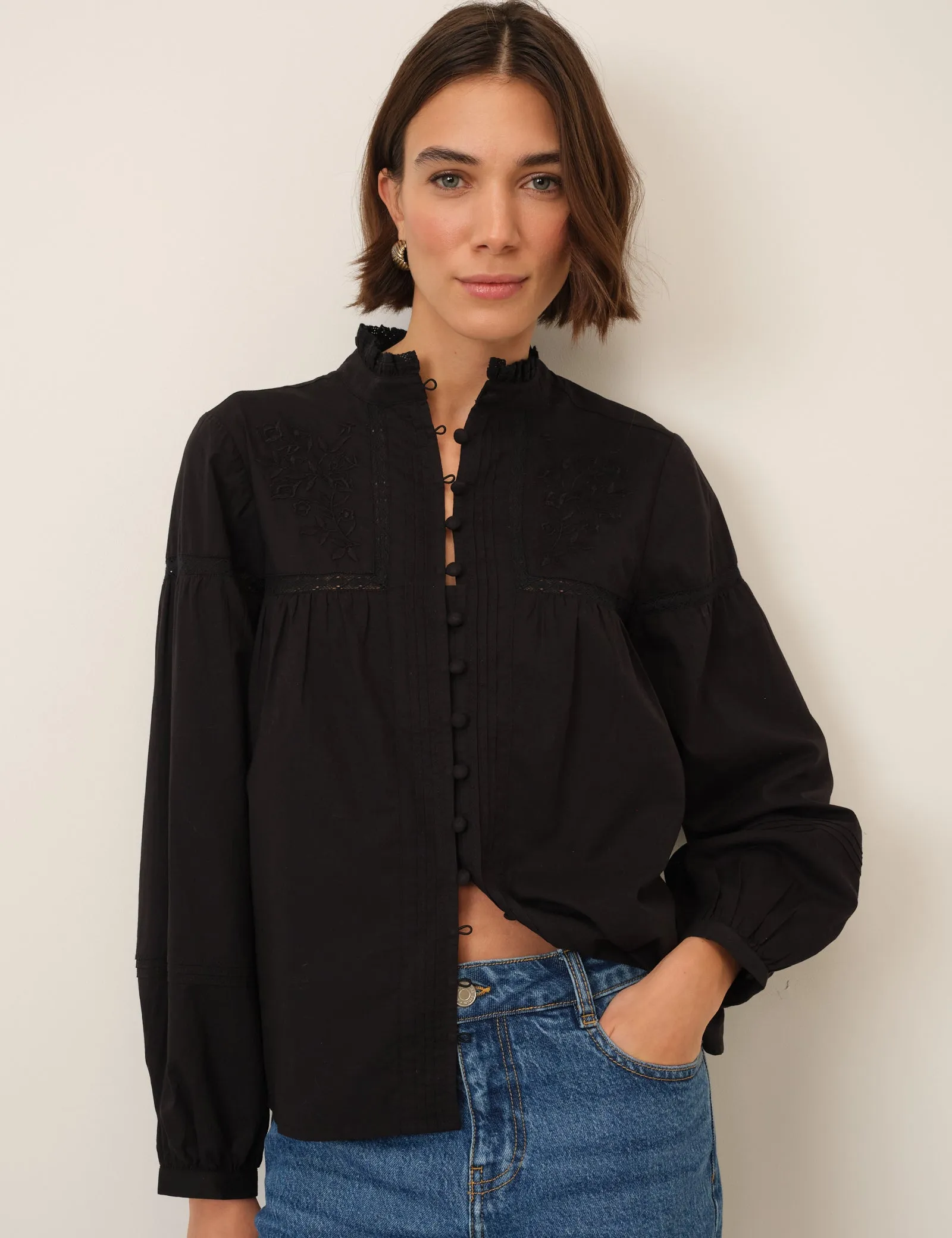 Black Floral Embroidered High Neck Blouse sold by Nobody's Child product image thumbnail 3