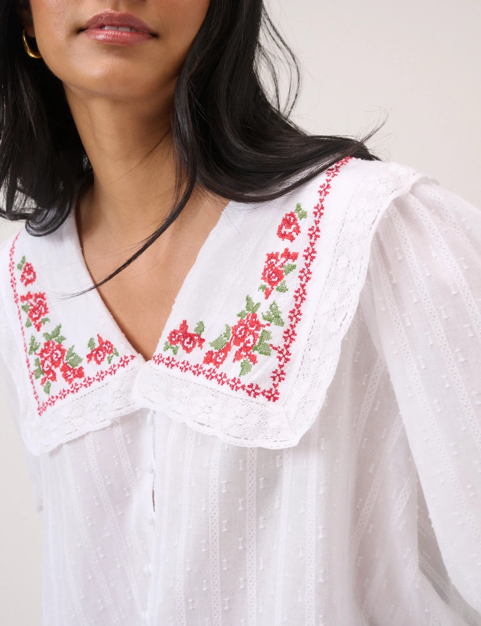 White Floral Collar Embroidered Blouse sold by Nobody's Child product image thumbnail 2